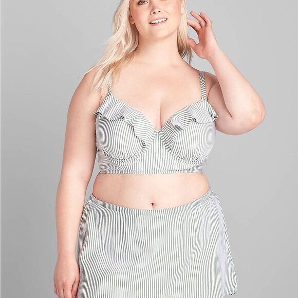 Lane Bryant | Cacique Swim Seersucker Stripe Hedge Green Balconette Top & Skirt - Picture 5 of 9